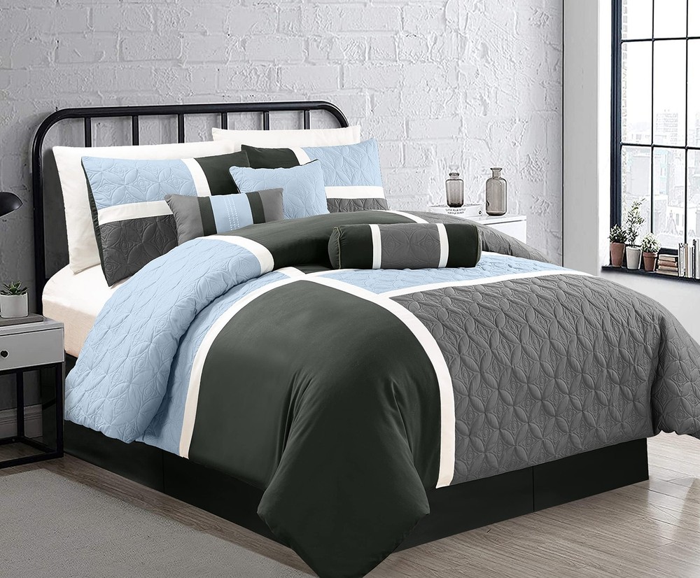 Upland 7-Piece Quilted Patchwork Comforter Set, Gray/Light Blue/Charcoal, King