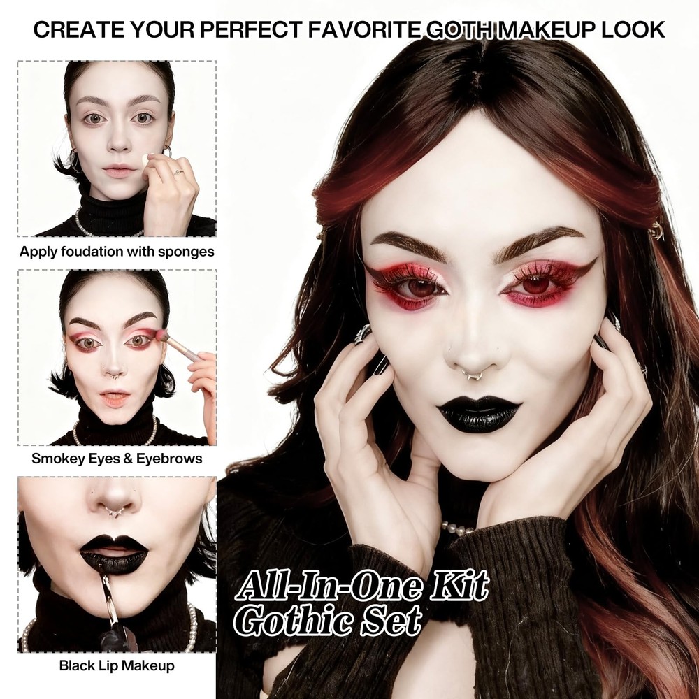 Goth Makeup Kit – Complete Gothic Make up Set for Vampire, Witch, Clown, Emo,...