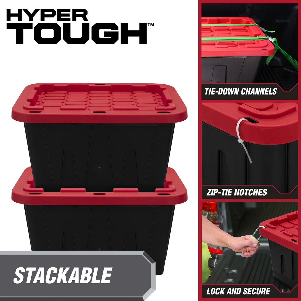 (2 pack)12 Gallon Plastic Storage Container with Snap-On Lid, Black and Red