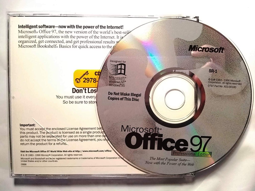 Microsoft Office 97 Professional Retail Full Version CD Set w/ Key & License