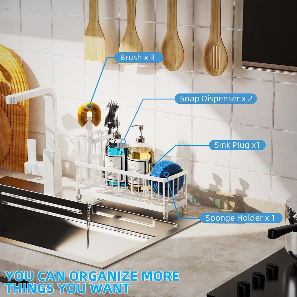 Kitchen Sink Caddy Extra Large Rustproof Sponge Brush Holder Stainless White