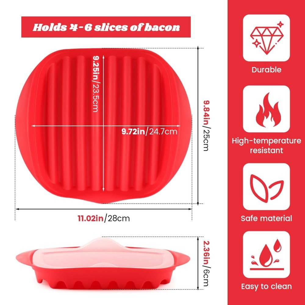 Microwave Bacon Tray with Splatter Lid, Bacons Rack, Easy Red