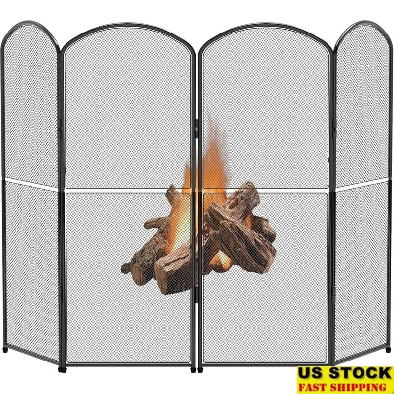 4 Panel Fireplace Screen Foldable Protective Metal Mesh Spark Guard Stand New