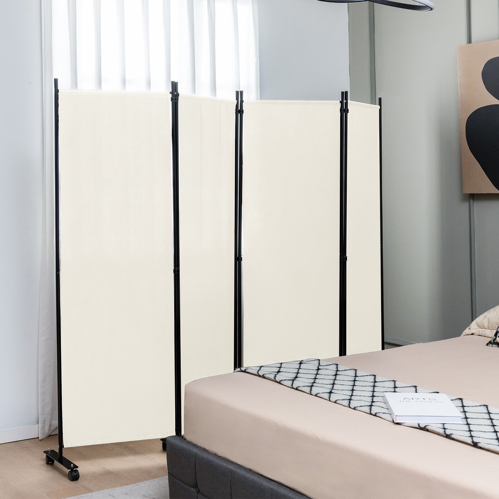 4-Panel Folding Room Divider 6FT Rolling Privacy Screen w/ Lockable Wheels White