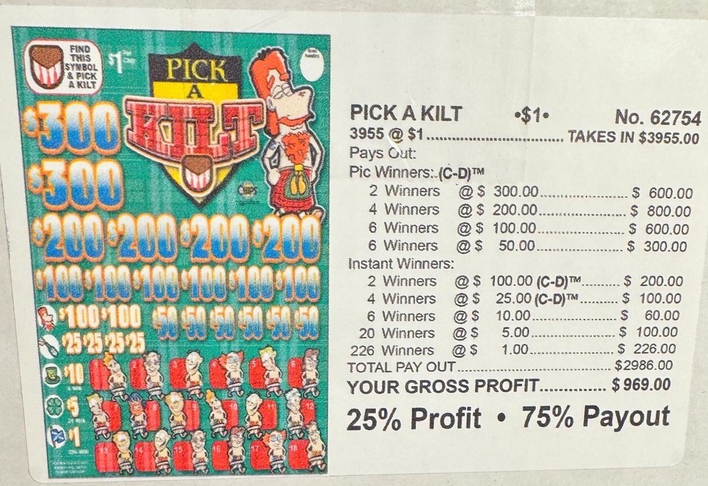 Pull Tab Tickets - Chip - Game - Pick Board - Pick A Kilt - 3,955 ct
