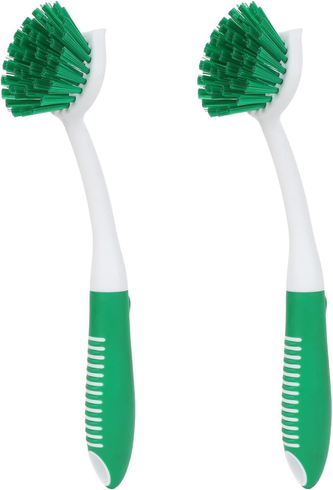 Dish Brush with Handle, 2 Pack Scrub Brushes with Built-In Scraper for Cleaning