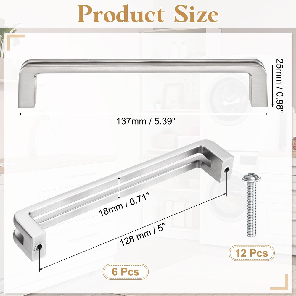 6Pcs Kitchen Cabinet Handles 5"(128mm) Hole Center Pulls, Brushed Silver
