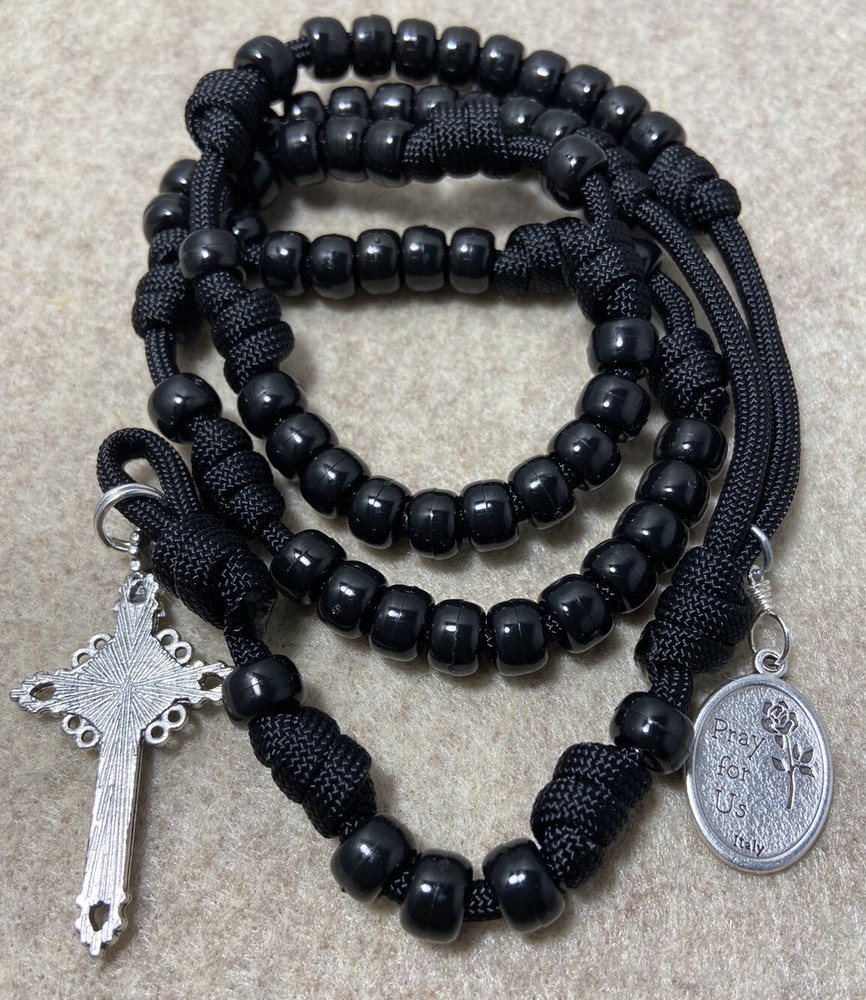 Catholic Paracord Rosary-Black Beads Rosary- St. Michael Medal - Handmade
