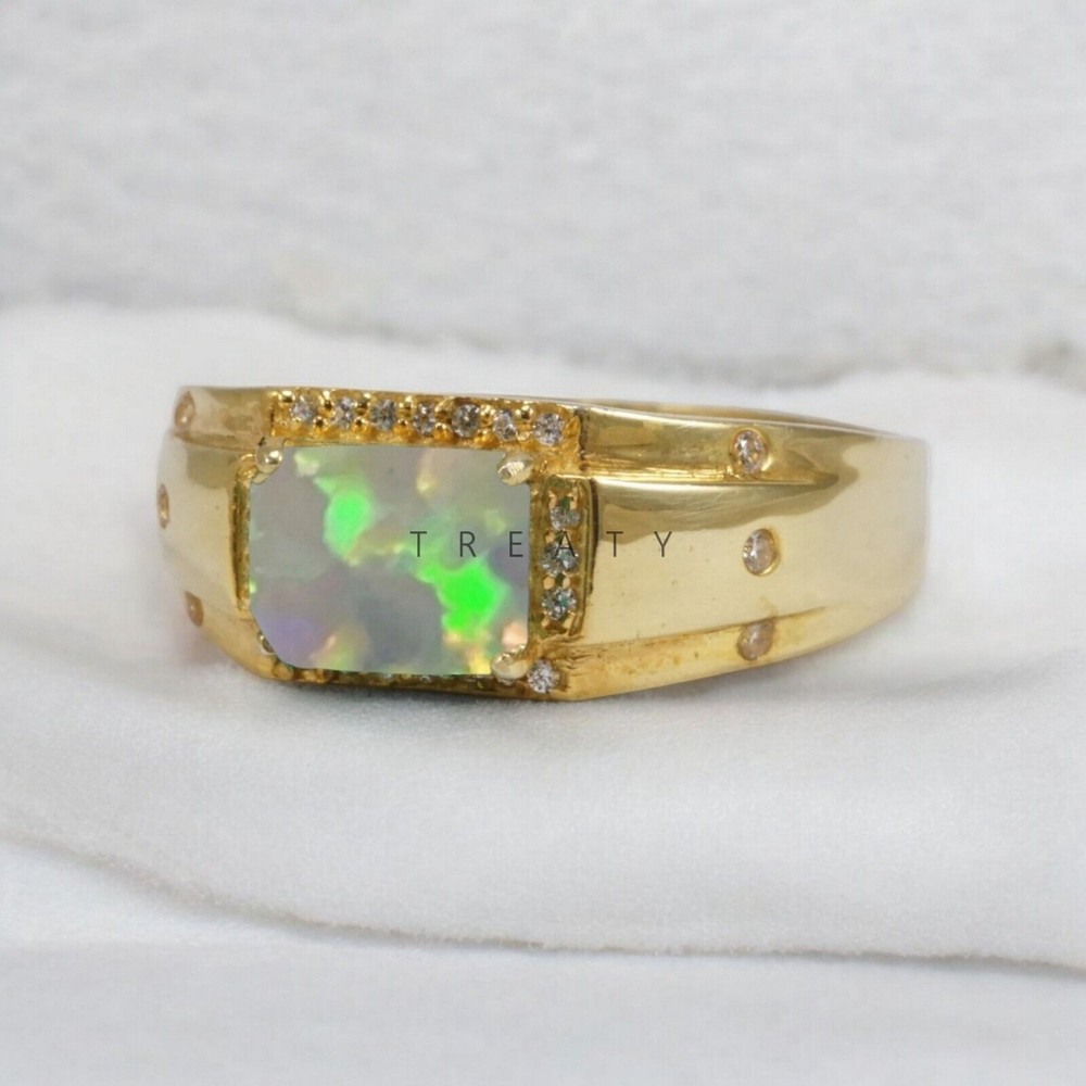 Opal Emerald Cut Gemstone With 14K Solid White Gold Ring For Men's #168