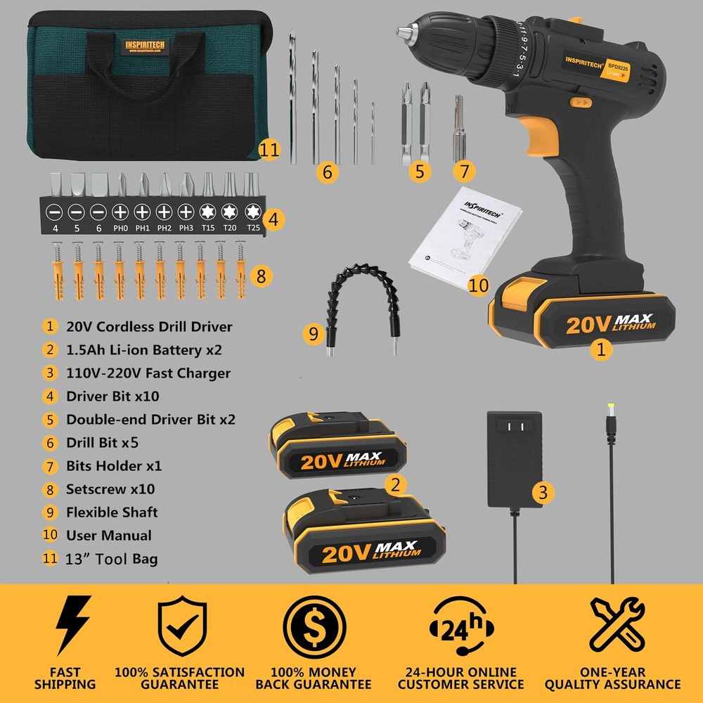 Electric Cordless Drill Driver with Bits Set & 2 Batteries 20Volt drill 2 Speed