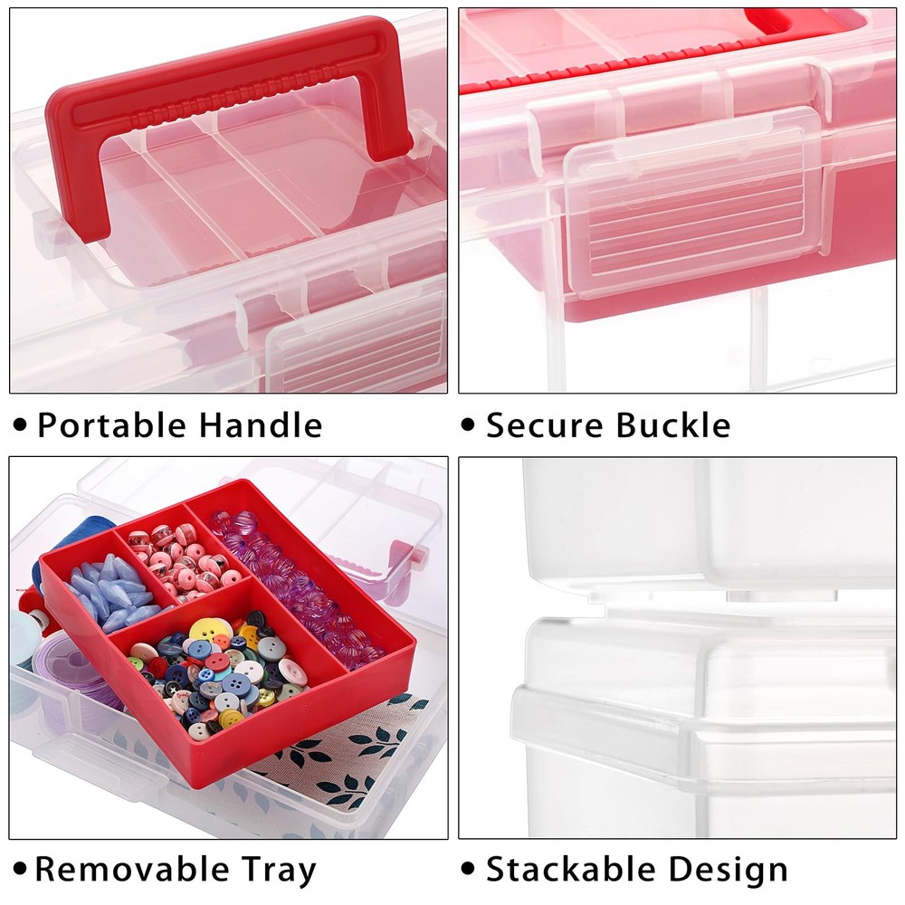 Clear Plastic Storage Box with Tray Handle Craft Sewing Organizer 2 Pack