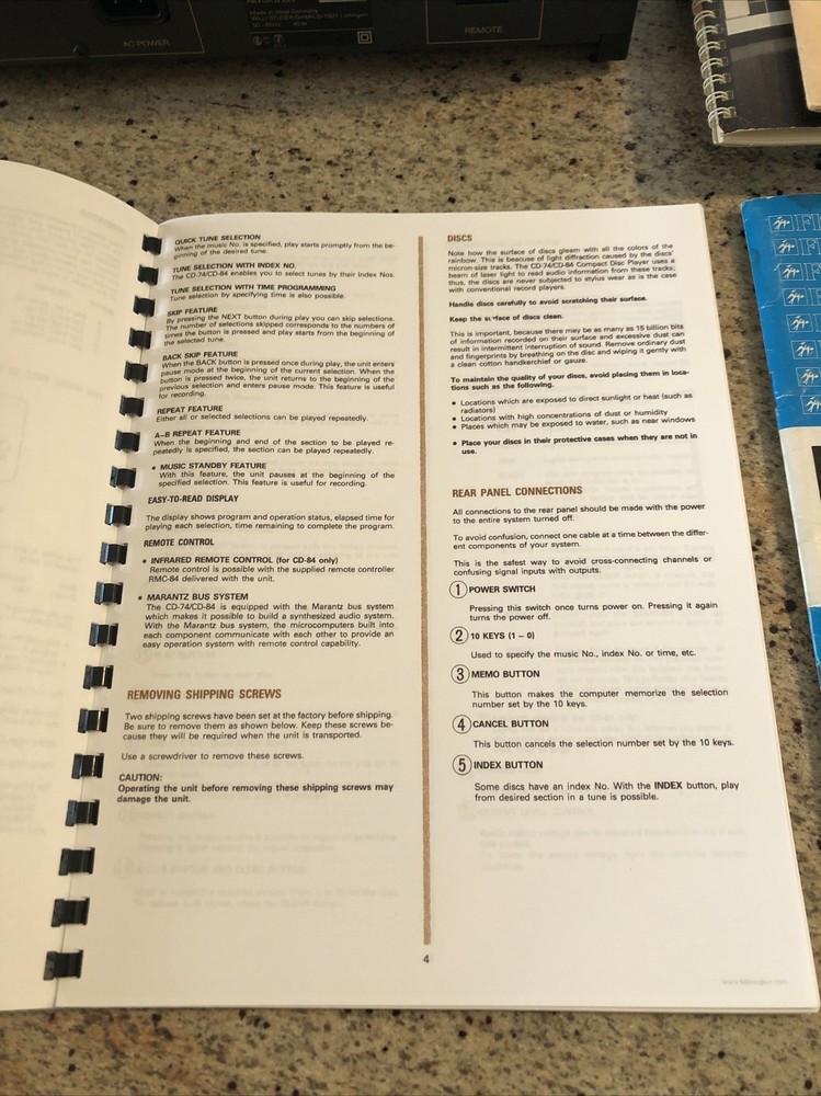 Marantz Model CD-74 /CD-84 CD Disc Player Copy Owner's Manual