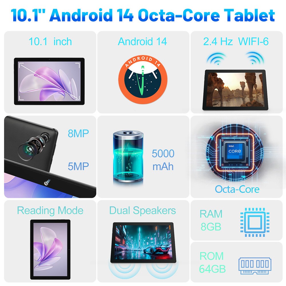 AEEZO 10.1 inch Octa-Core Android14 Tablet 8+64GB ROM,Dual Camera Bluetooth WIFI