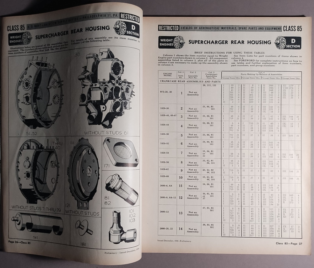 1944 Wright Aircraft Engine Class 85 Parts Book Catalog US Navy B2-76