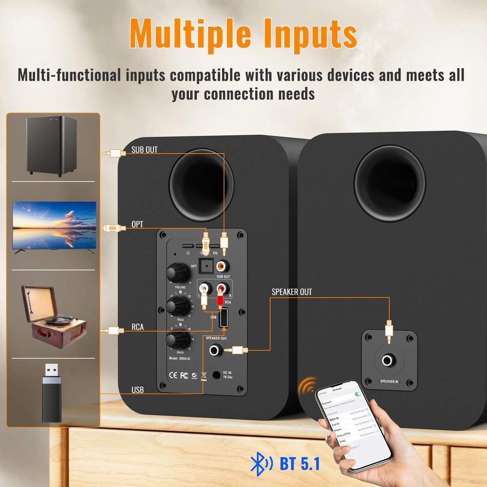 Powered Bluetooth Bookshelf Speakers with Sub Out, RCA & USB Inputs with 4 in