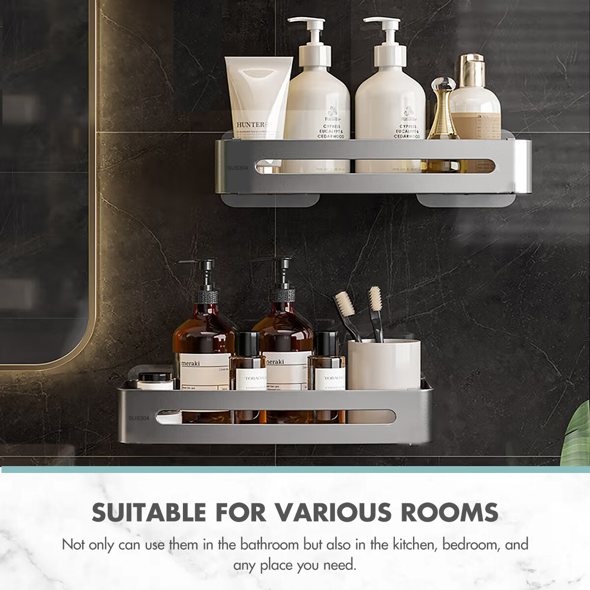 Shower Caddy, Adhesive Shower Shelves No Drilling, with 2 Adhesives，1.77" Height