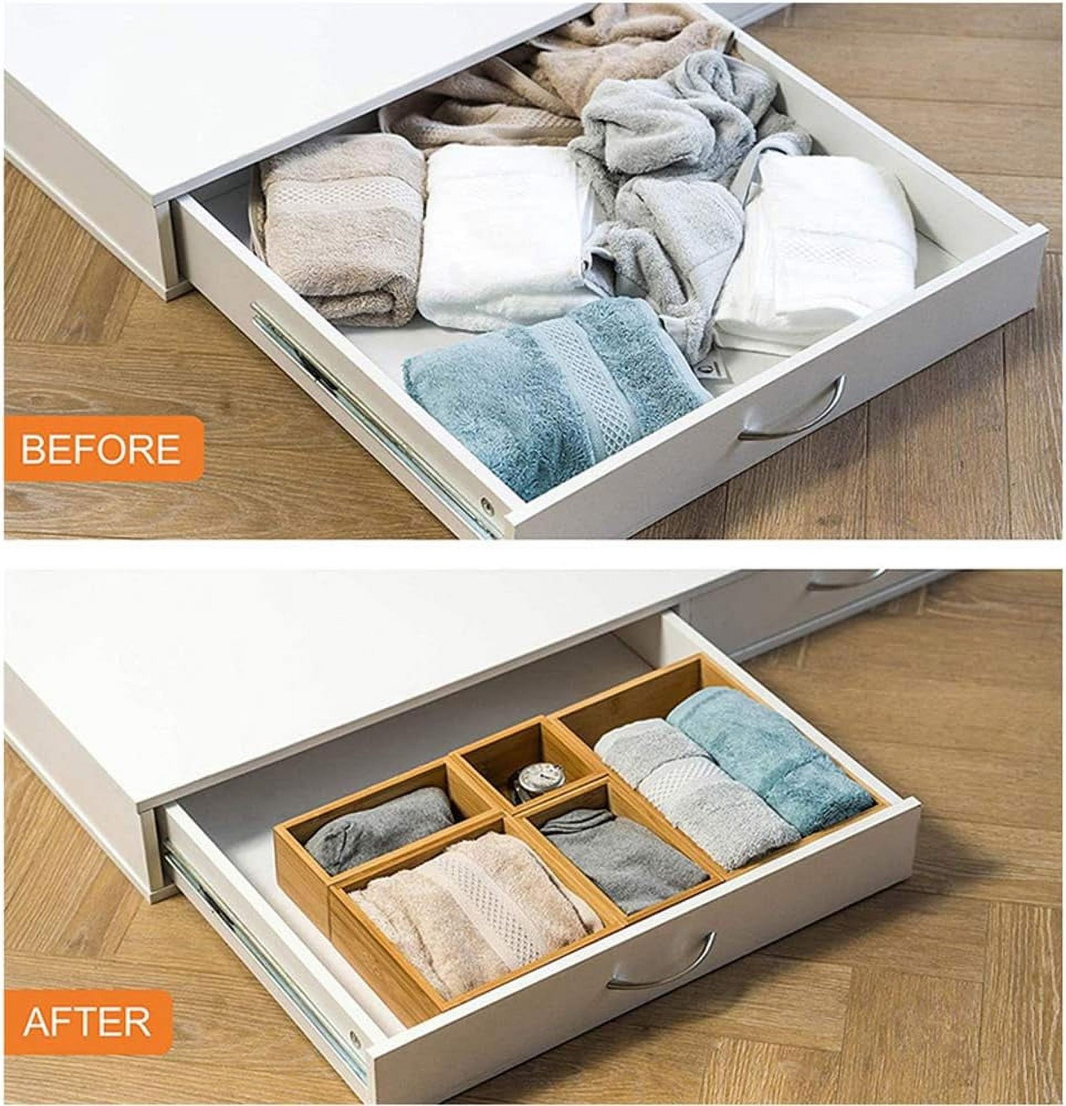 Bamboo Drawer Organizer, Adjustable & Stackable 5-Grid Tray for Kitchen,Bathroom