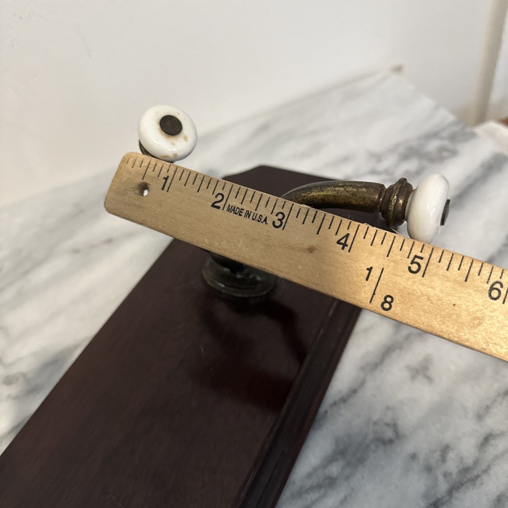 VTG Large Antique Solid Wood Wall Coat Hang Three Brass Hooks Porcelain Knobs