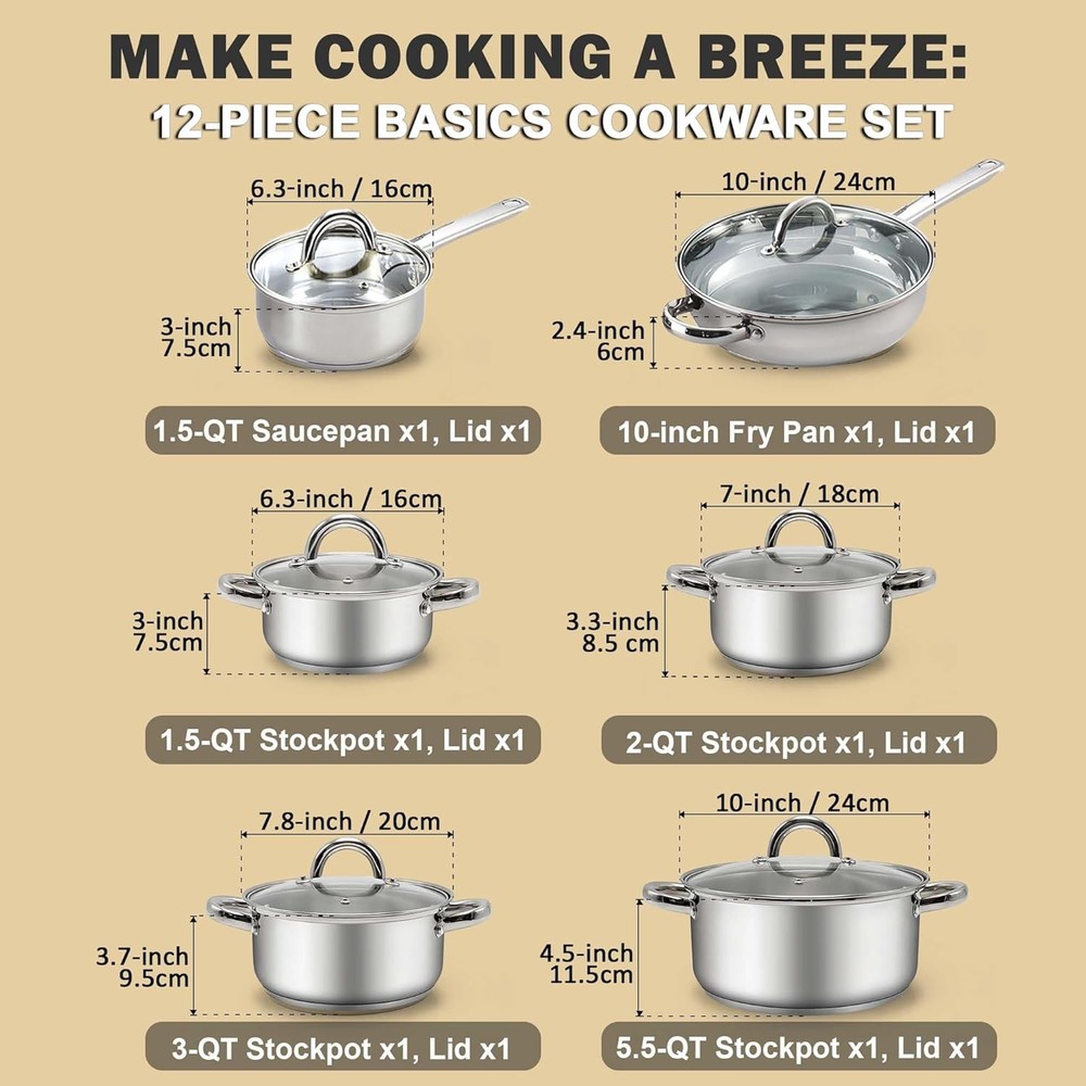 Kitchen Cookware Sets 12-Piece Basic Stainless Steel Pots & Pans Silver