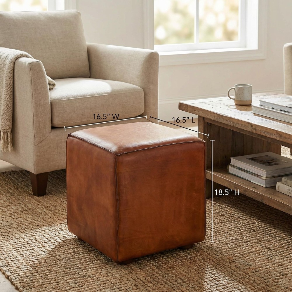 Sands Genuine Leather Cube Ottoman, Saddle Brown