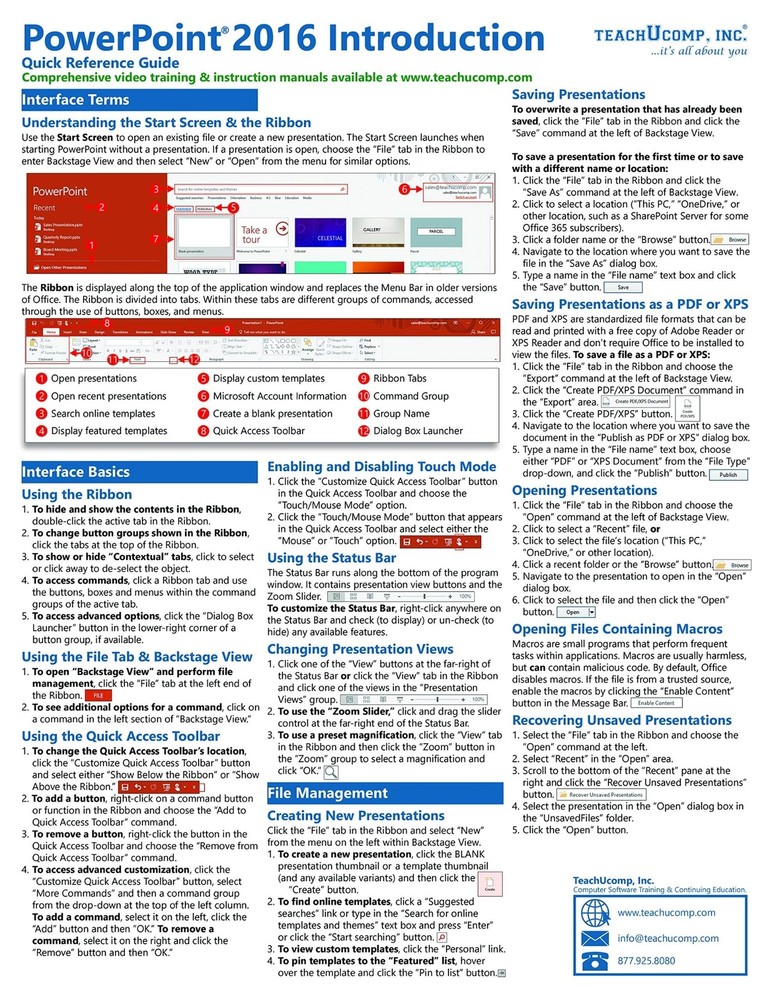 PowerPoint 2016 Training Guide Quick Reference Card 4 Page Cheat Sheet Help