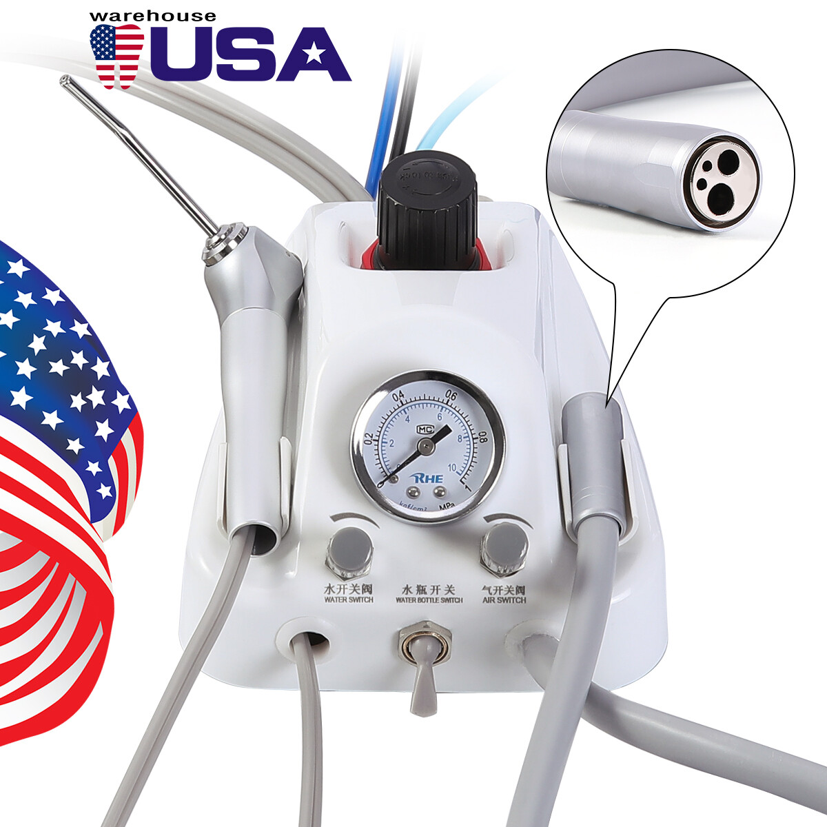 Portable Dental Turbine Unit 3Way Syringe Work with Air Compressor/Handpiece Kit