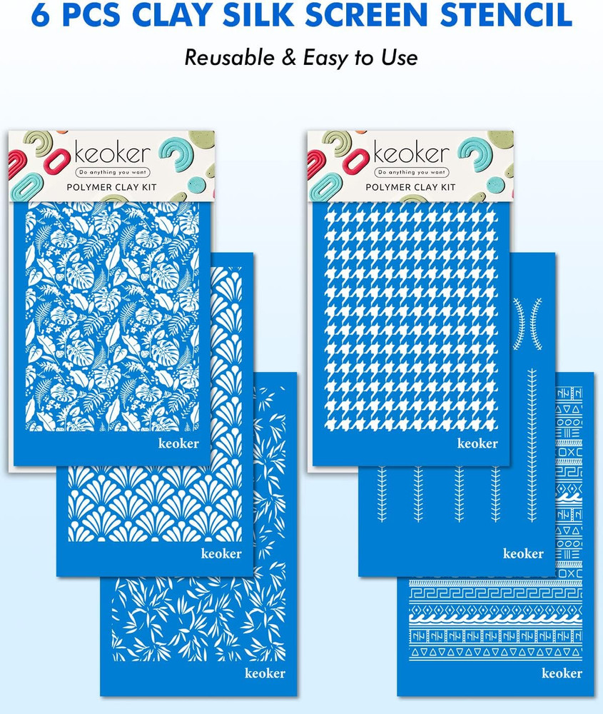 Silk Screen Stencils for Polymer Clay, 6PCS Reusable Silkscreen Print Kit, Worki