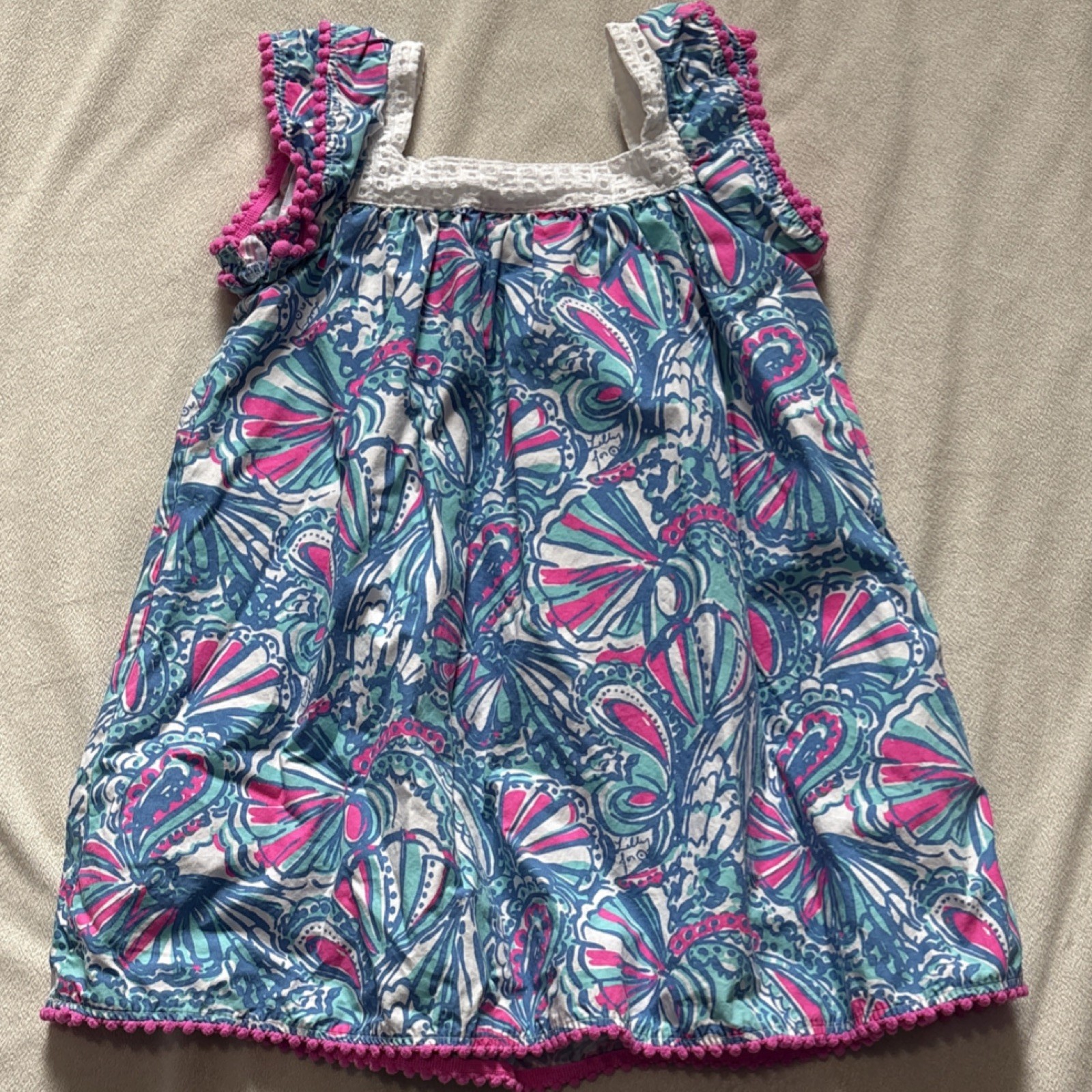 Lilly Pulitzer Girls A-Line Dress Blue Pink White Floral Sleeveless Lace Ruffle