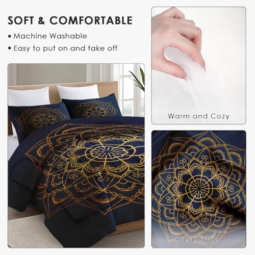 Size Comforter Set with 2 Pillowcases, Navy Blue Boho Gold Full Multi 24