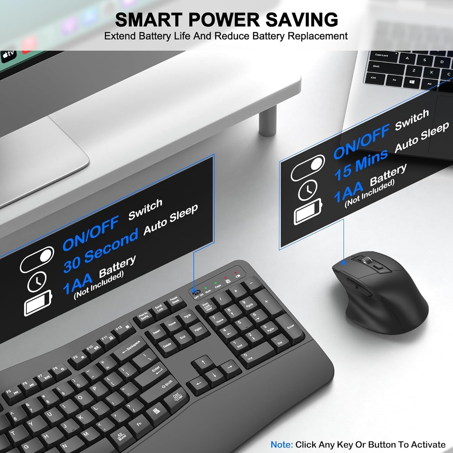 Wireless Keyboard and Mouse Combo, 2.4G Full Size Wave Keys Ergonomic Keyboard