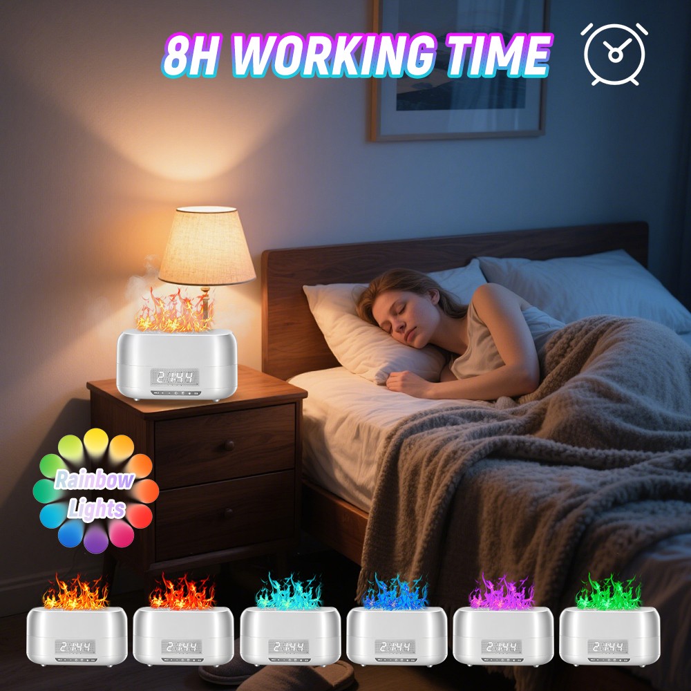 Flame Aroma Diffuser Humidifier Bluetooth Speaker Light Digital Display Clock
