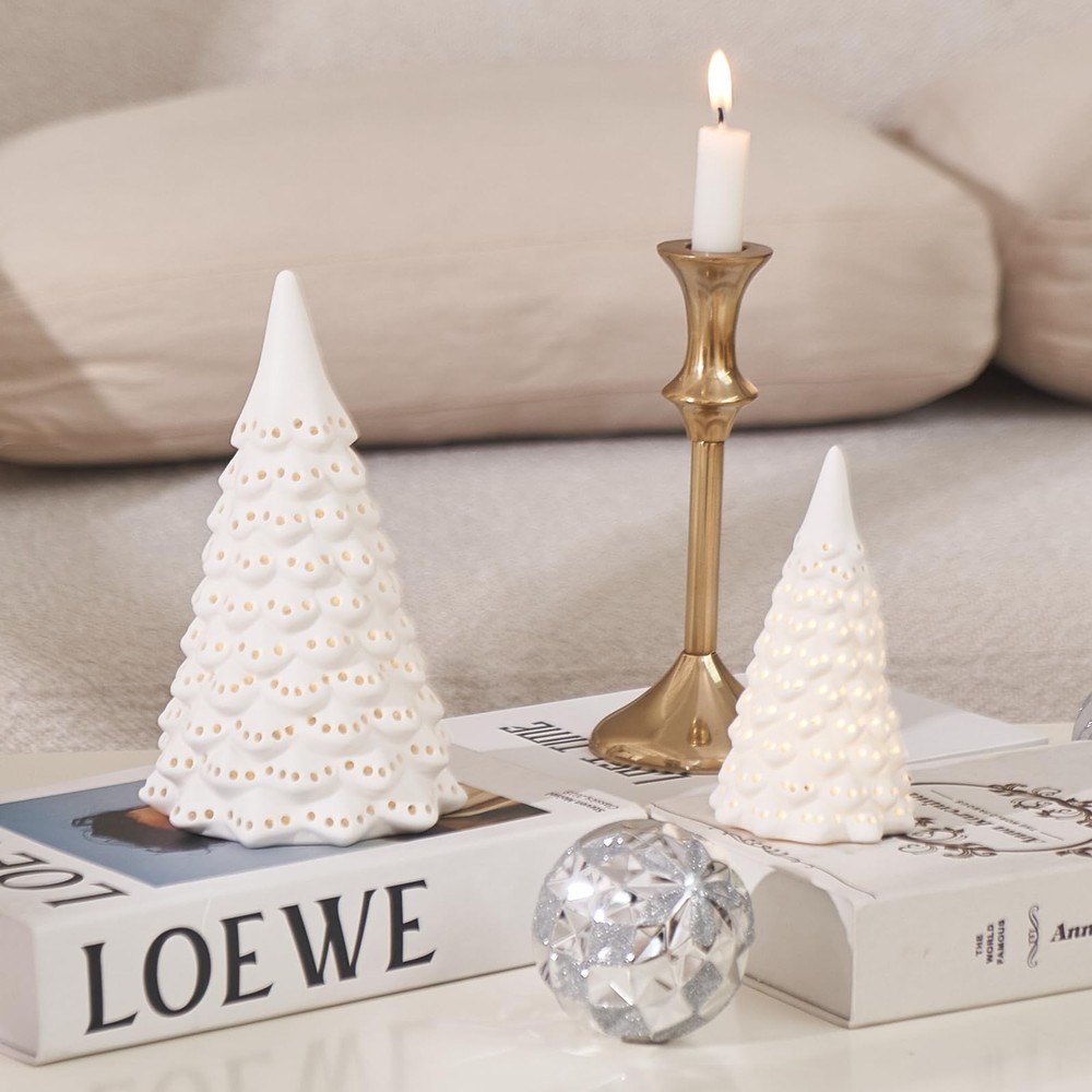 Light Up Ceramic Christmas Tree 2 Pack Lighted Porcelain Christmas Tree with