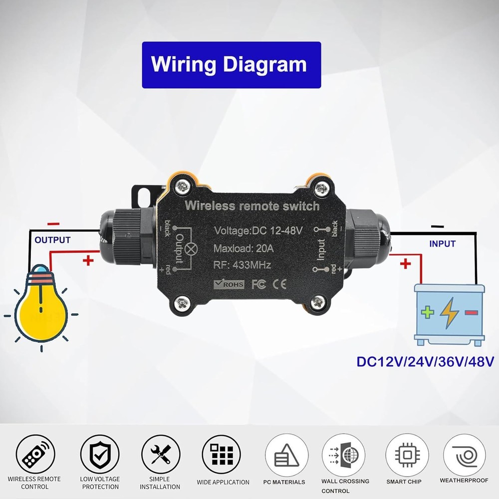 Remote Control Switch,DC12/24/48V Waterproof DC12V 20A Relay, Black