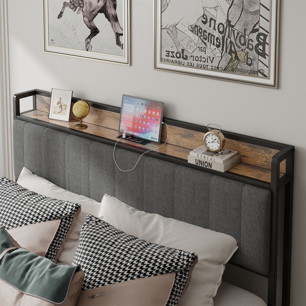 Full Size Bed Frame with Upholstered Headboard Metal Platform Bed with Outlets