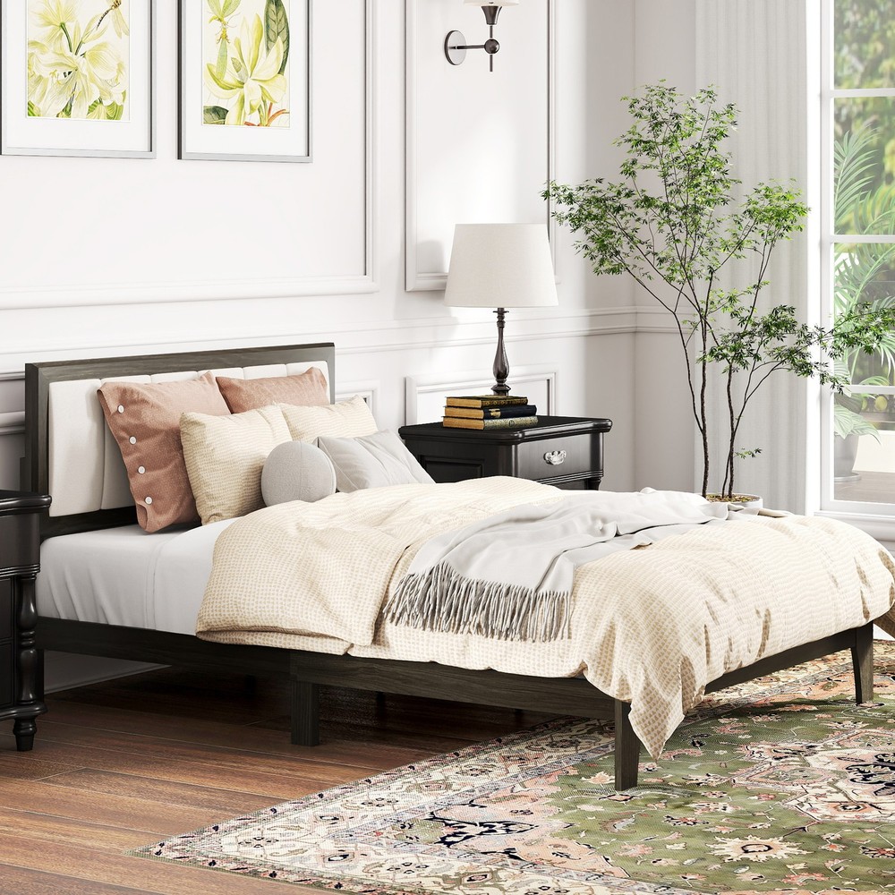 Full Size Bed Frame with Upholstered Headboard, Platform Bed Frame, Gray