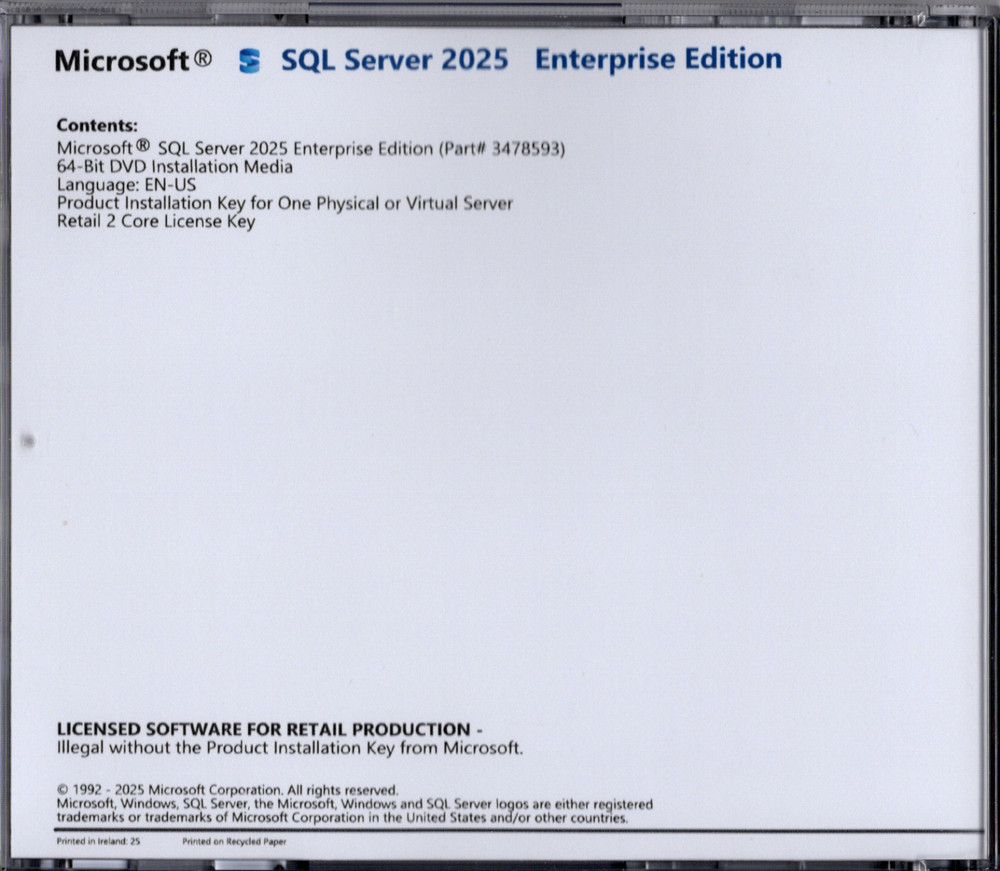 Microsoft SQL Server 2025 Enterprise Edition Core Based Retail Authentic License