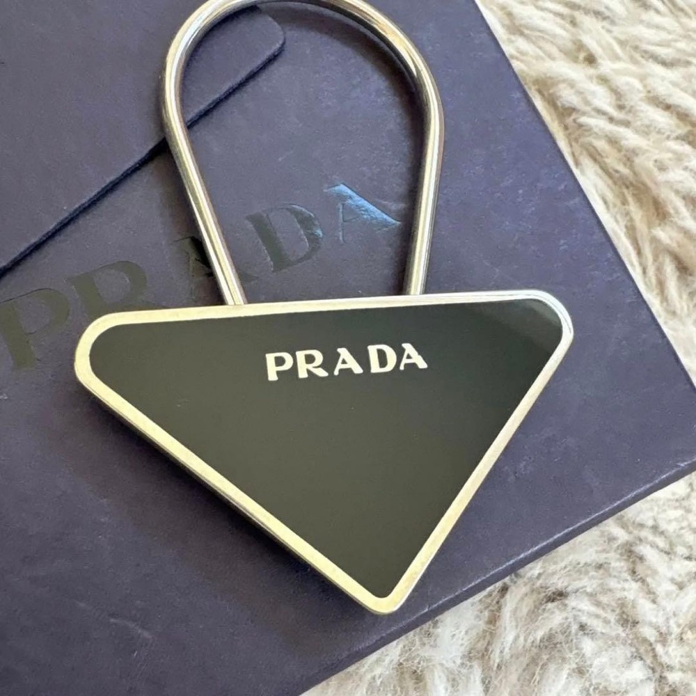 PRADA Triangle Metal Keychain Charm Black Silver