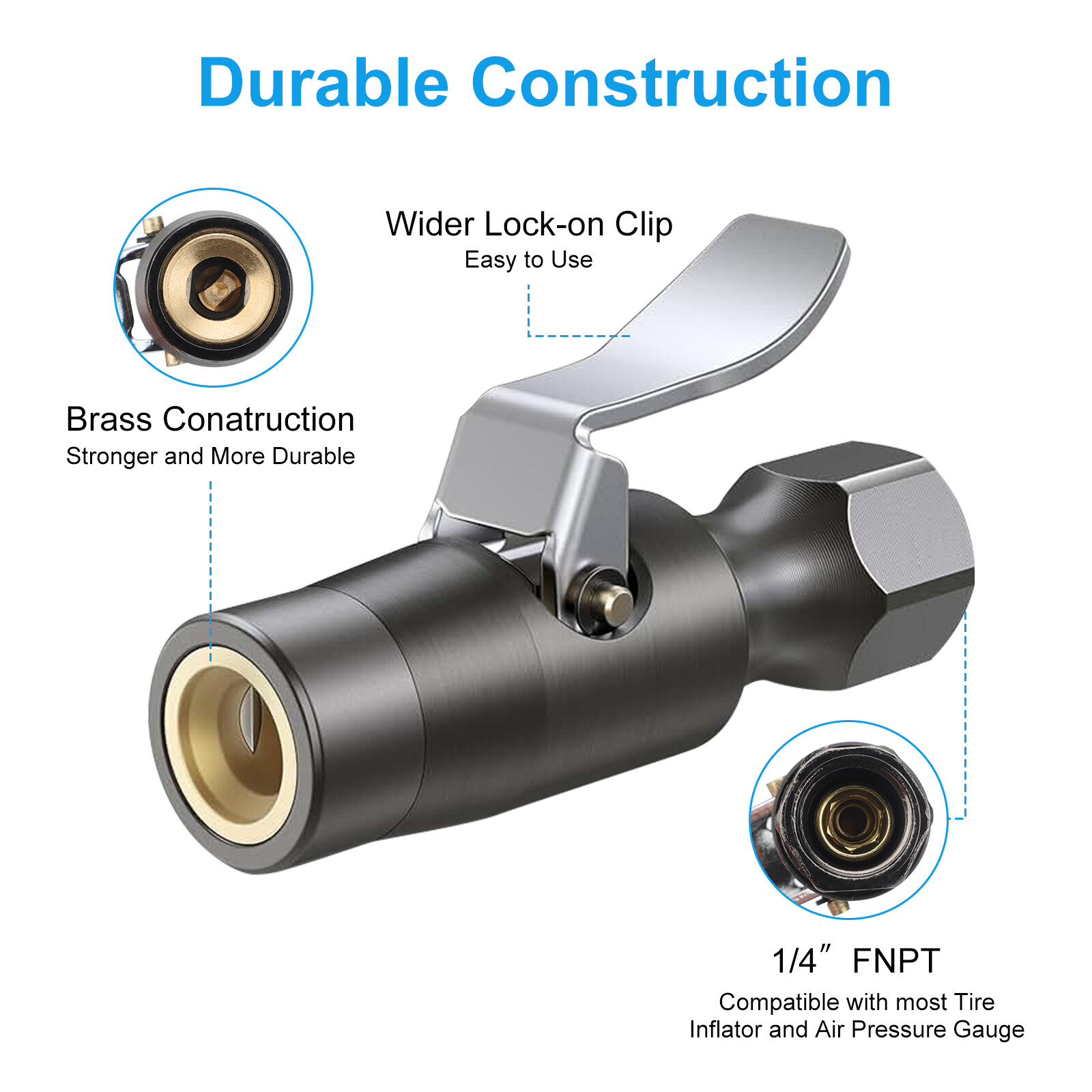200PSI Tire Inflator Lock-on Air Chuck Heavy-Duty Compatible with Schrader Valve