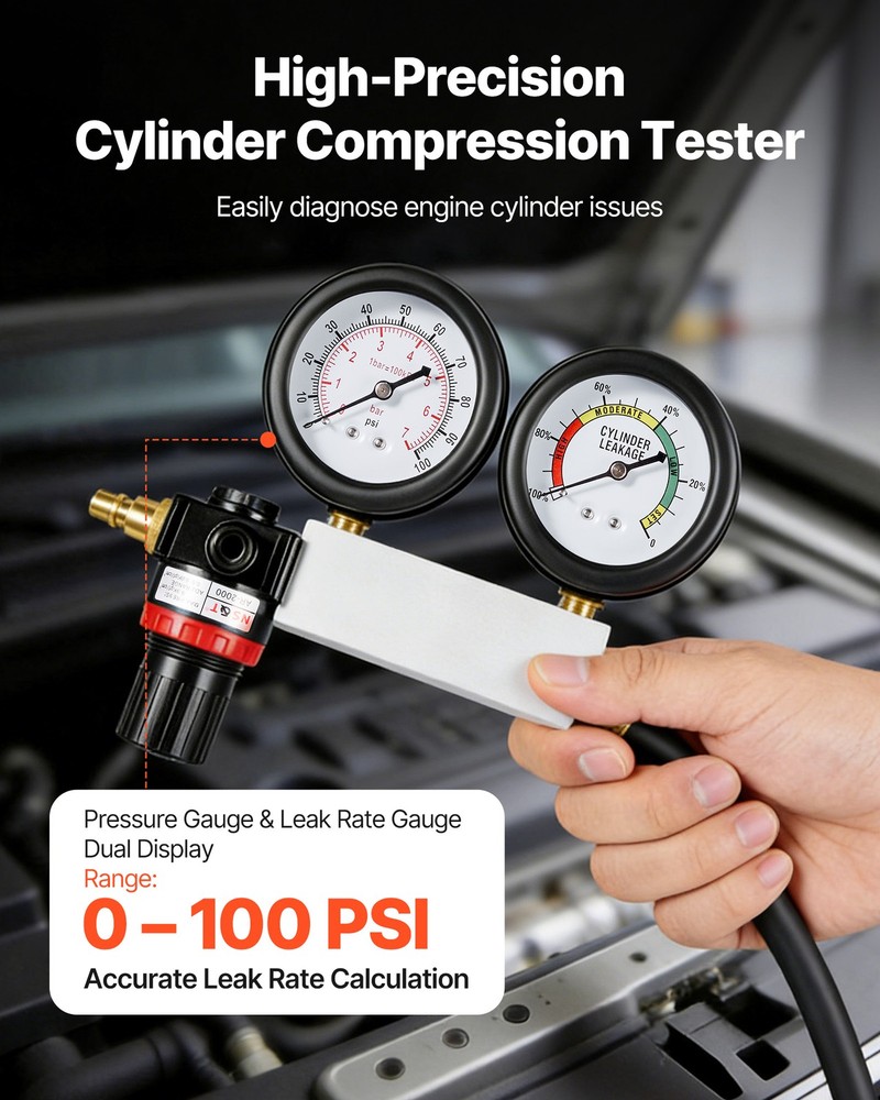 VEVOR Engine Cylinder Compression Tester Kit 0-100 PSI Leakage Detector Tool Kit
