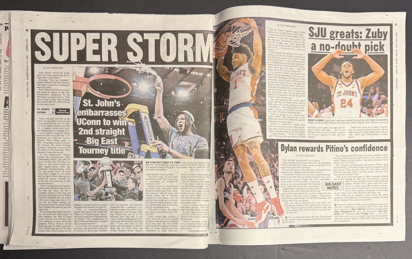 3/15/26 - St. John’s Red Storm - BIG EAST CHAMPS - NY Post Newspaper