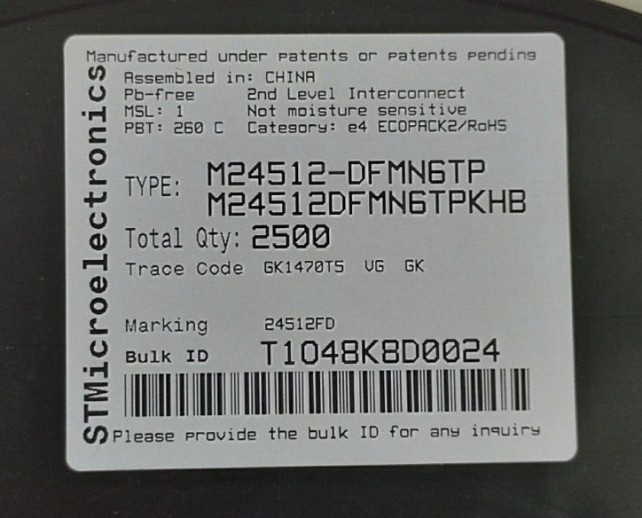250 Pcs Lot M24512-DFMN6TP STMicroelectronics EEPROM Memory IC