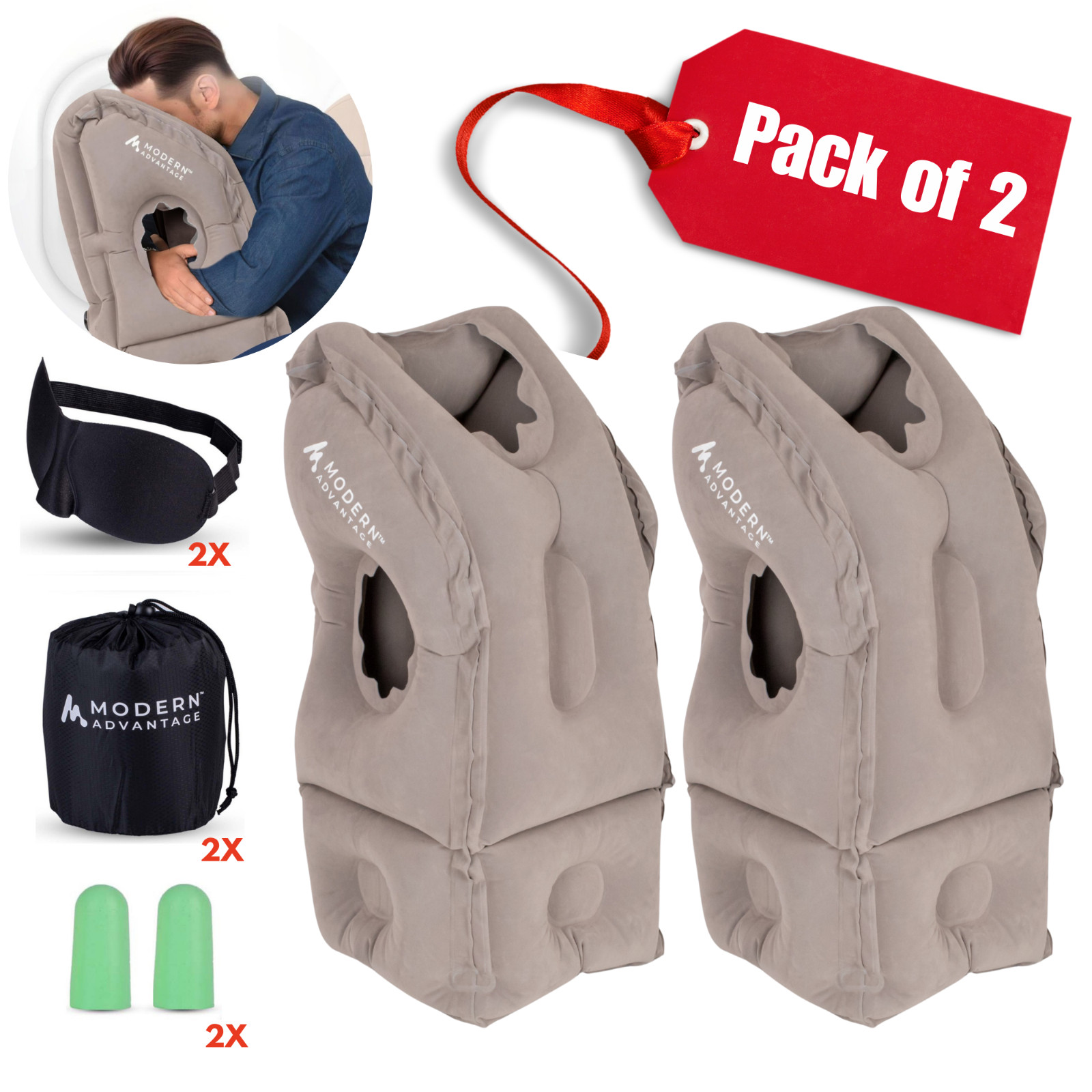 Inflatable Travel Pillow with Extra Bottom Pack of 2 (Grey) FREE SHIPPING