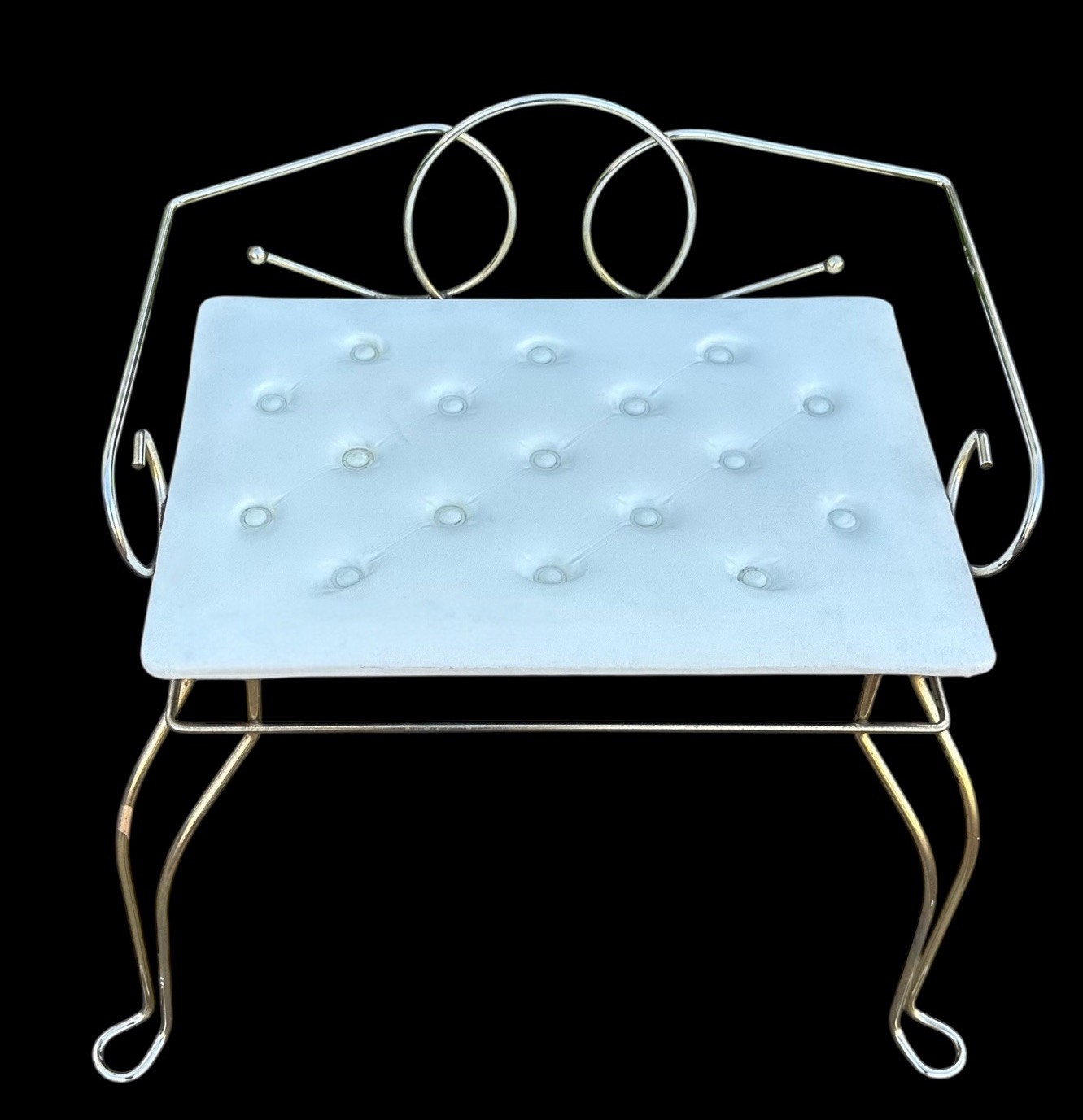 Vanity Bench White Tufted Seat Gold Metal Pearl Wick Vintage Stool