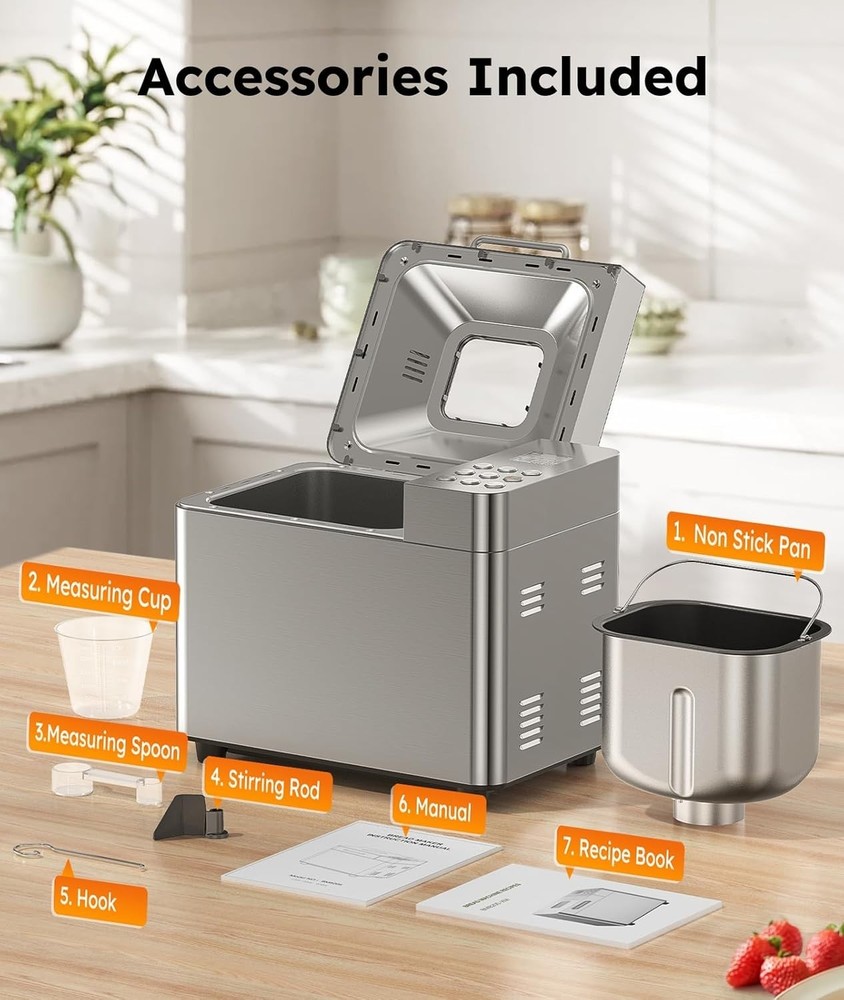 Stainless Steel 2LB Bread Machine with Custom Programs & 15-Hour Delay Timer