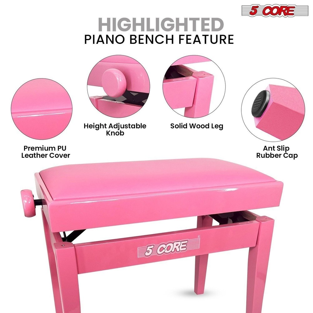 5 Core Piano Bench Height Adjustable Padded Cushion Solid Wood Keyboard Stool