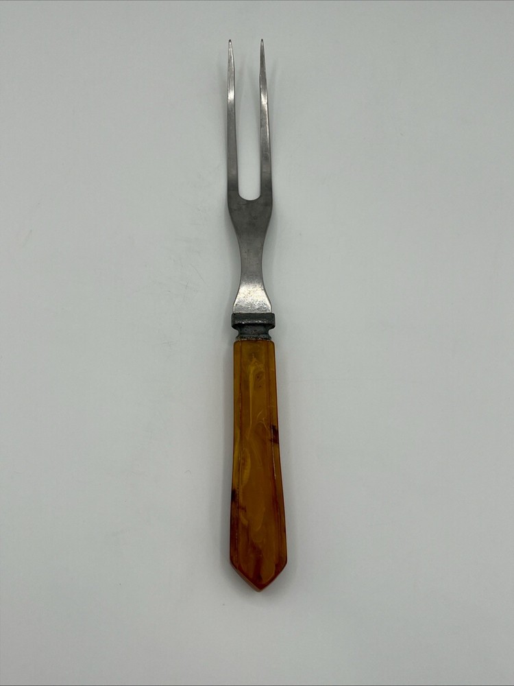 Vintage Bakelite Serving Fork Butterscotch Yellow Marbled Art Deco Corn