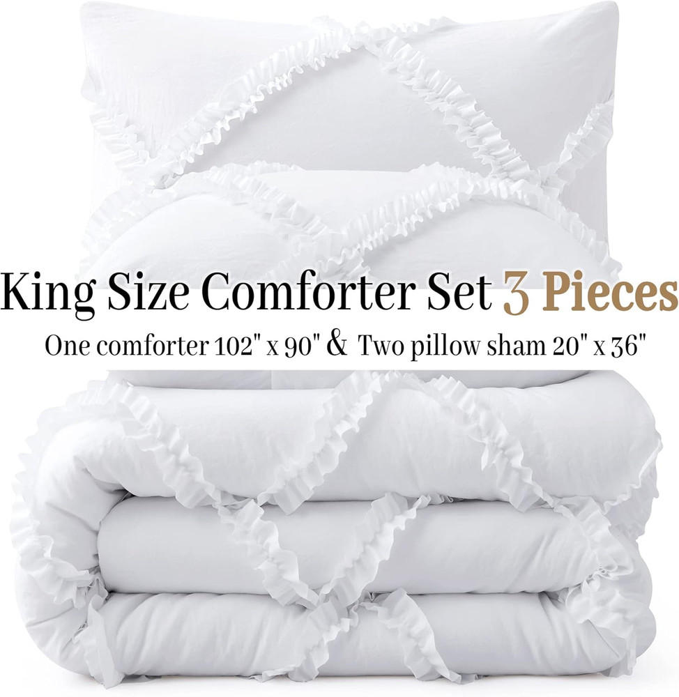 King Comforter Set Soft Bedding - 3 Pcs Tufted Decor Fluffy Comforter Boho Bed i