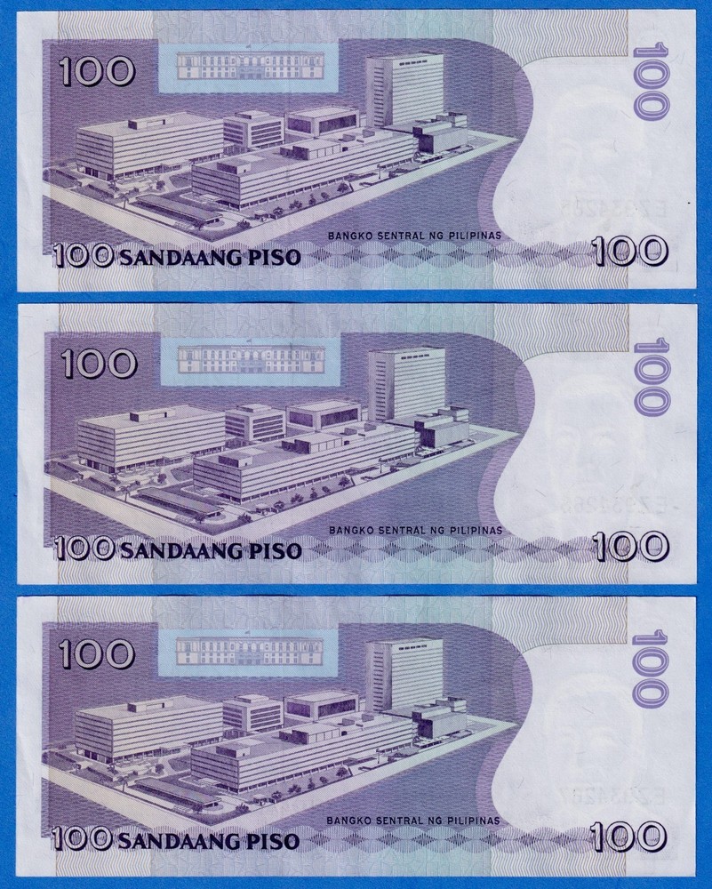 Philippines 100 Piso ND 1987-1994 P-172a EF/AU 3 Consecutive Notes