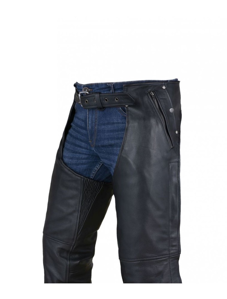 Black Multi-Pocket Premium Cowhide Leather Chaps with Removable Lining