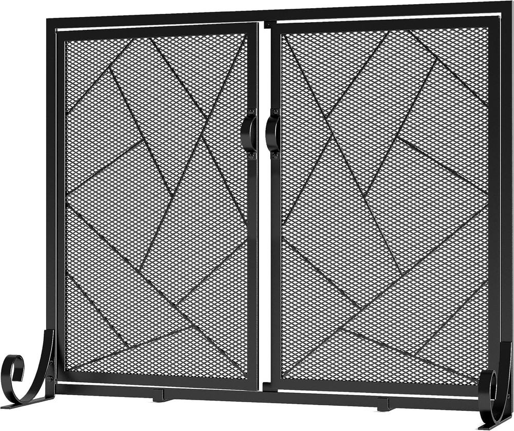 Fireplace Screen with Hinged Doors Cast Iron Border Sturdy Steel Frame Durable M